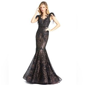 MAC DUGGAL EMBELLISHED FEATHER CAP SLEEVE ILLUSION NEC…
